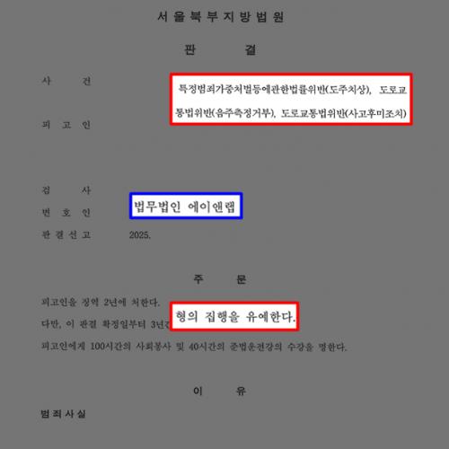 [형사] 음주운전3진+도주치상+사고후미조치+측정거부 혐의 의뢰인 변호하여 집행유예 이끌어내